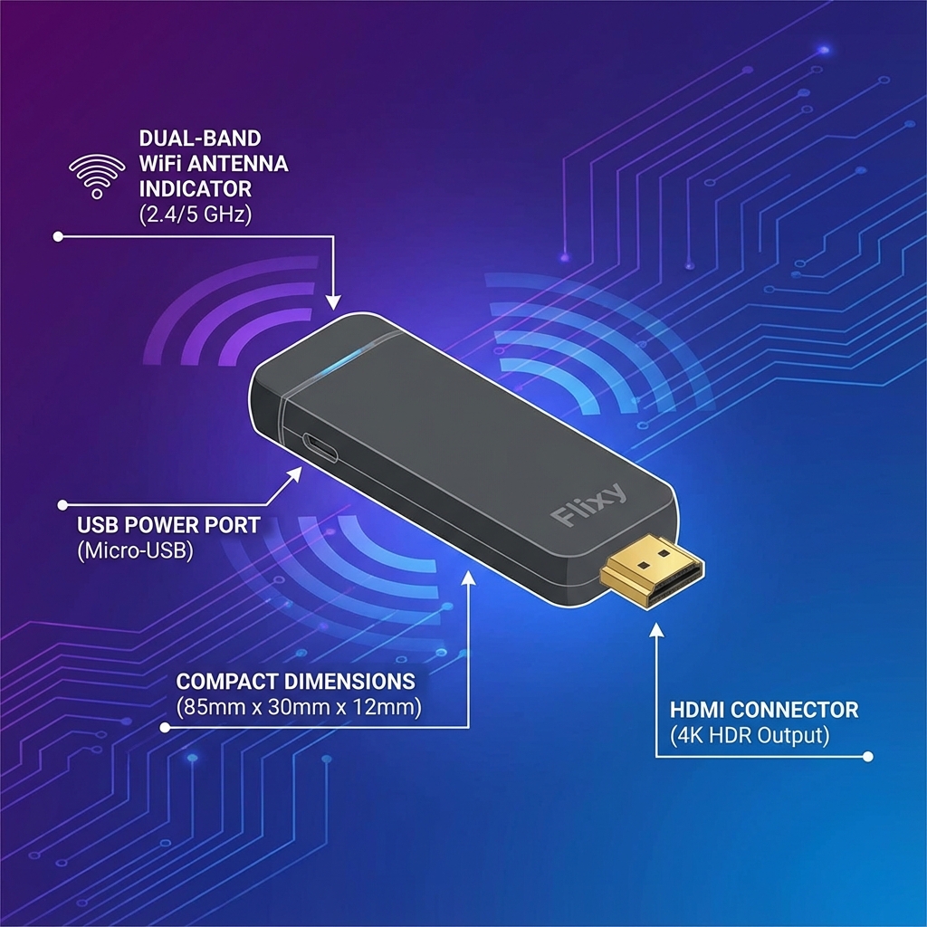 Flixy TV Stick product dimensions and ports